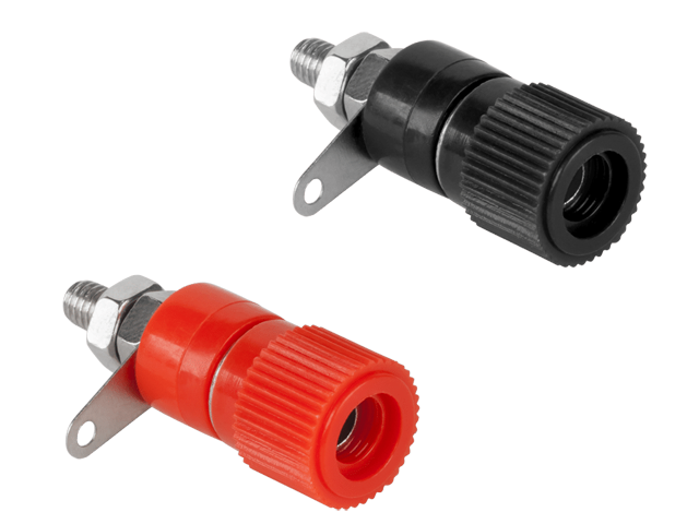 Gniazdo bananowe 4mm, 8A 60V średnica 12mm, czarne+czerwone