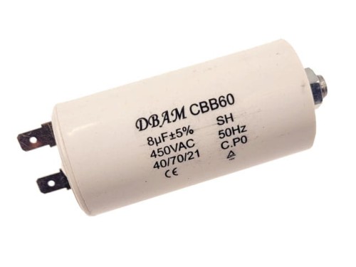 Kondensator do silników 8uF 450VAC, konektory, fi:35x70mm