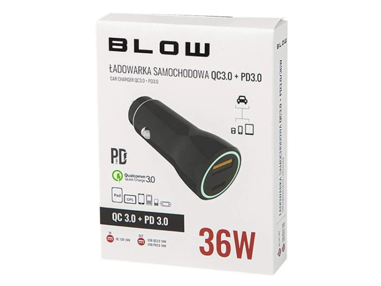 Ładowarka USB 36W QC3.0 + PD3.0 samochodowa; Blow
