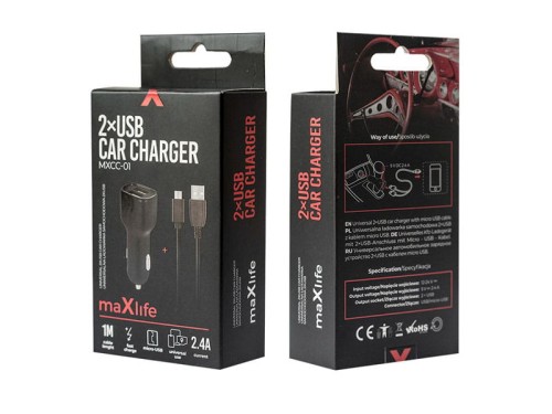 Ładowarka USBx2 samochodowa, 2,4A; MaxLife