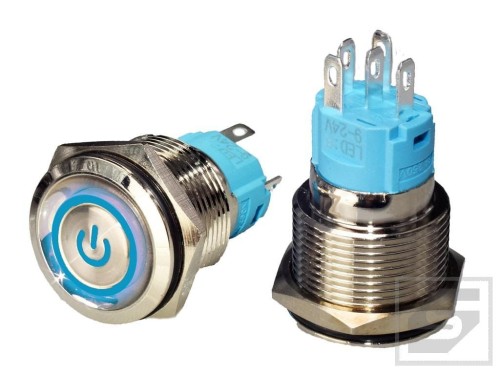 LB19BP-BL; przełącznik przycisk, POWER podśw. 9-24V niebieskie; mont.19mm; bistabilny