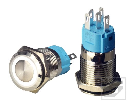 LB16MR-WH; przełącznik przycisk, POWER podśw. 9-24V białe; mont.16mm; chwilowy
