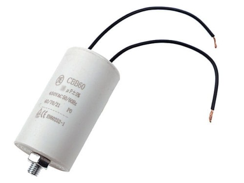 Kondensator rozruchowy 25uF 450VAC, przewody, śruba M8
