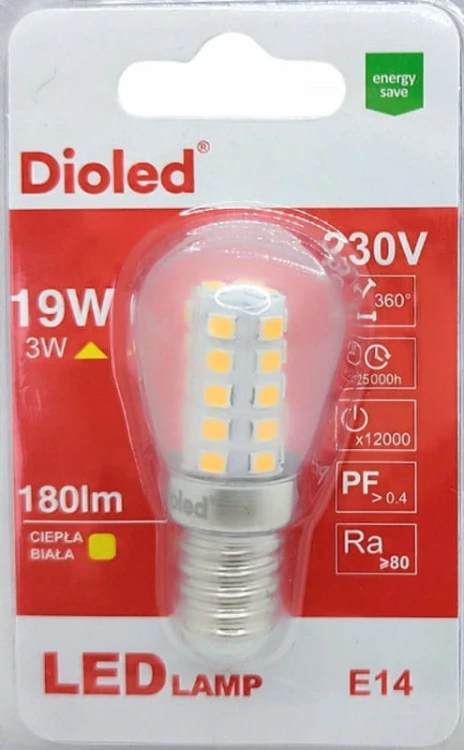 Żarówka LED 230V E14 3W tablicowa, 180lm, biała ciepła; Dioled