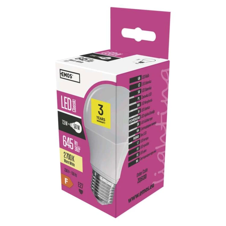 Żarówka LED E27 7,3W 645 lm; biała ciepła 2700K; EMOS Classic