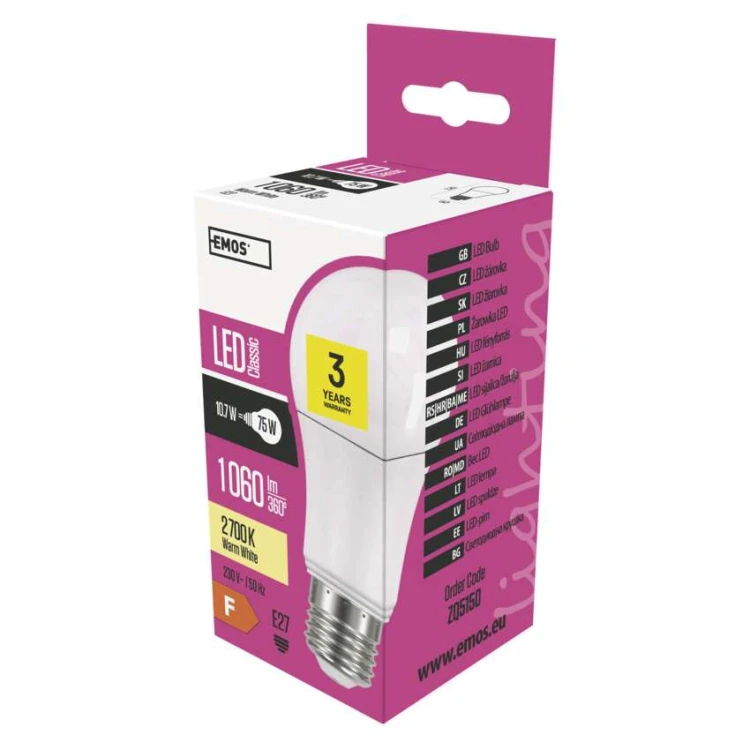 Żarówka LED E27 10,7W 1060 lm; biała ciepła 2700K; EMOS Classic