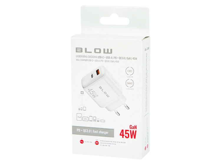 Ładowarka USB 45W GaN biała, PD USB-C + QC USB-A
