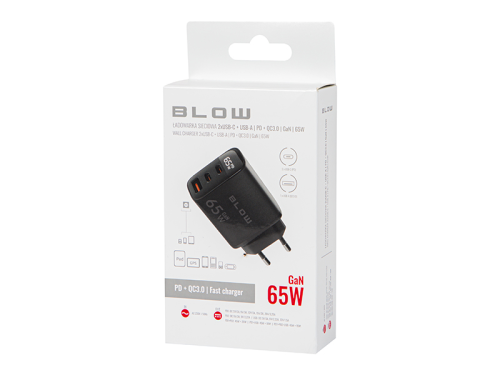 Ładowarka USB 65W GaN watomierz, czarna, 2xPD USB-C + QC USB-A; BLOW