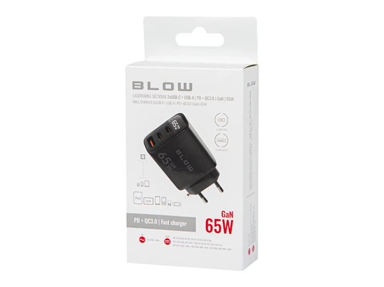 Ładowarka USB 65W GaN watomierz, czarna, 2xPD USB-C + QC USB-A; BLOW