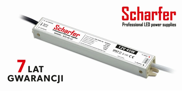 Zasilacz LED 12V 45W 7Y wodoodporny IP67, obudowa aluminiowa; Scharfer