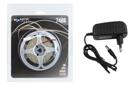 Taśma LED biała neutralna 4500K, 12V 4,8W 60LED/m, zestaw 5m+zasilacz; MasterLed