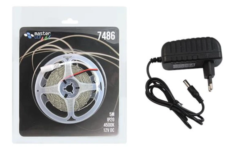 Taśma LED biała neutralna 4500K, 12V 4,8W 60LED/m, zestaw 5m+zasilacz; MasterLed