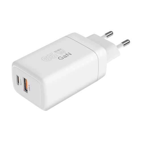 Ładowarka USB 65W GaN biała, PD USB-C + QC USB-A; Kruger&Matz