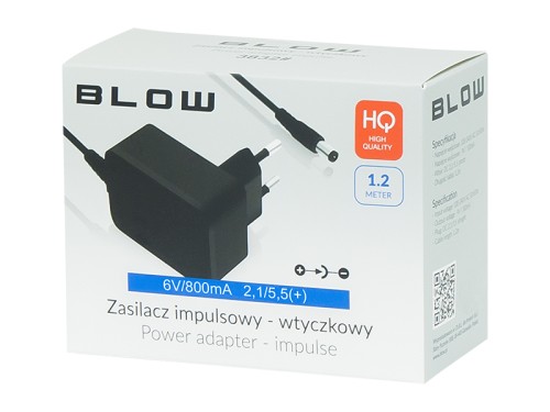 Zasilacz 6V 800mA wtyk 2,1/5,5 (+) impulsowy, wtyczkowy mini; BLOW