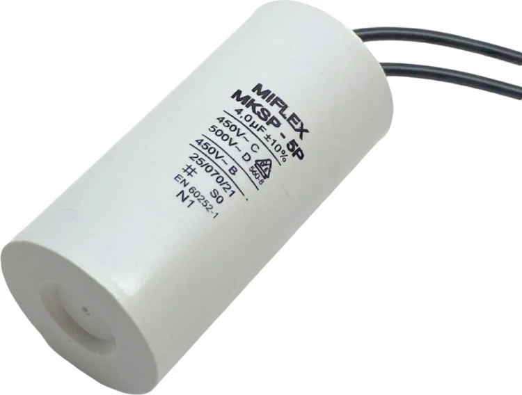 Kondensator rozruchowy 4uF 450VAC, przewody, Fi25x51; MIFLEX MKSP-5P